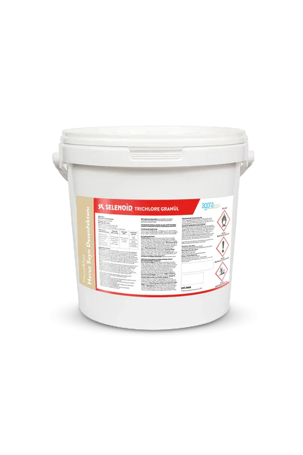 Selenoid Trichlore granül 25 kg plastik kova ev suyu dezenfektanı kutusu