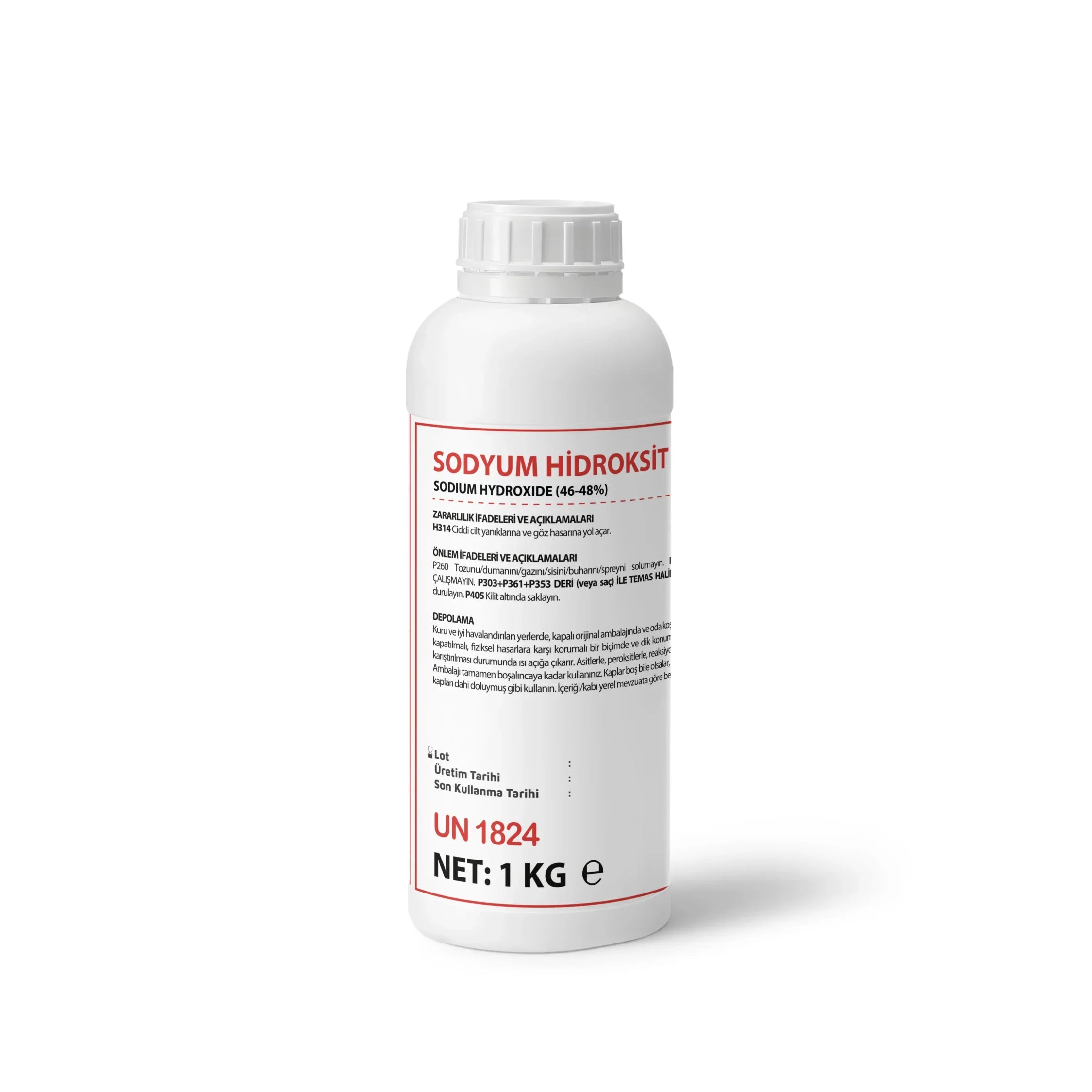 1 kg white plastic bottle of sodium hydroxide 46-48% with red and black Turkish label
