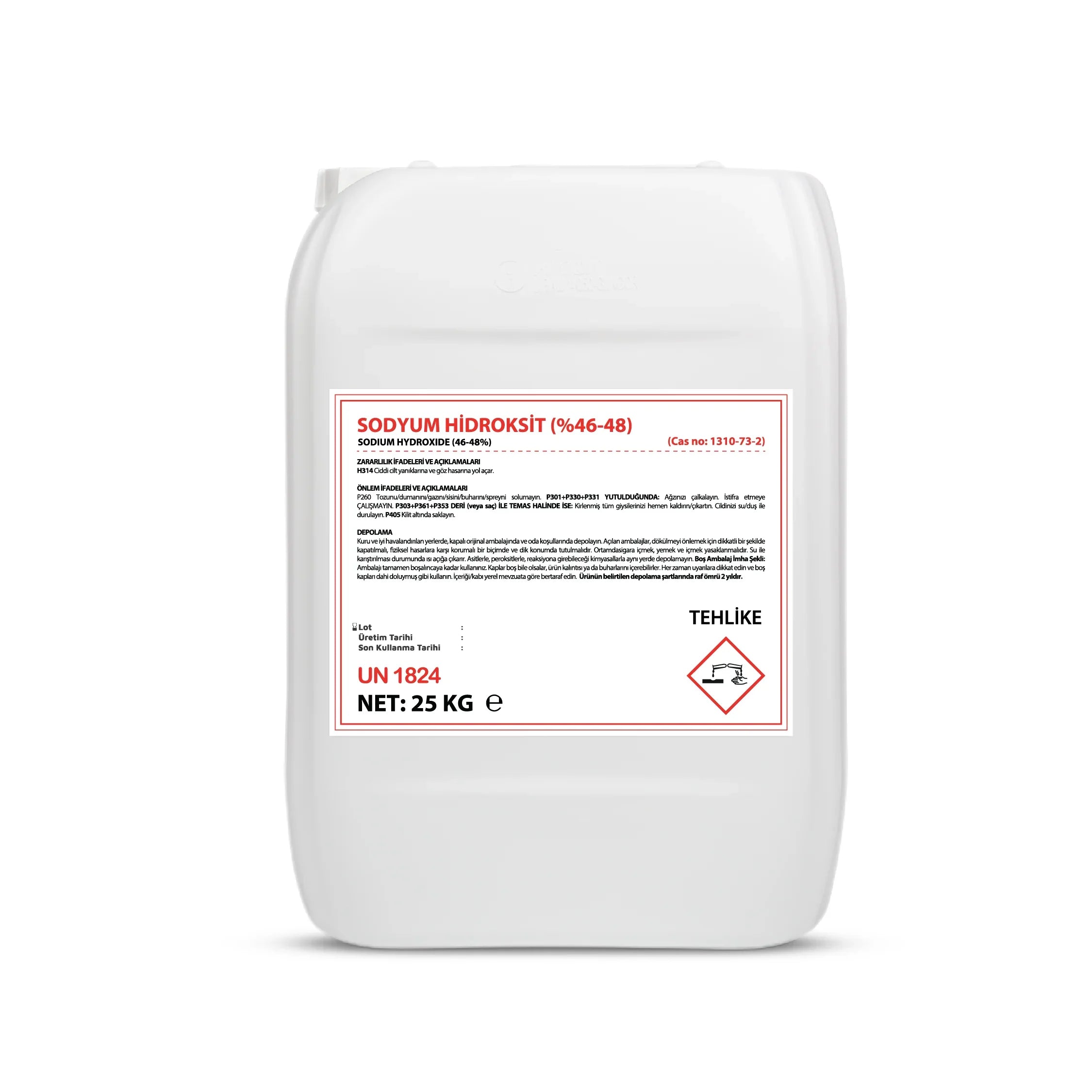 White 25kg container of sodium hydroxide 46-48% caustic soda with hazard warnings and labeling