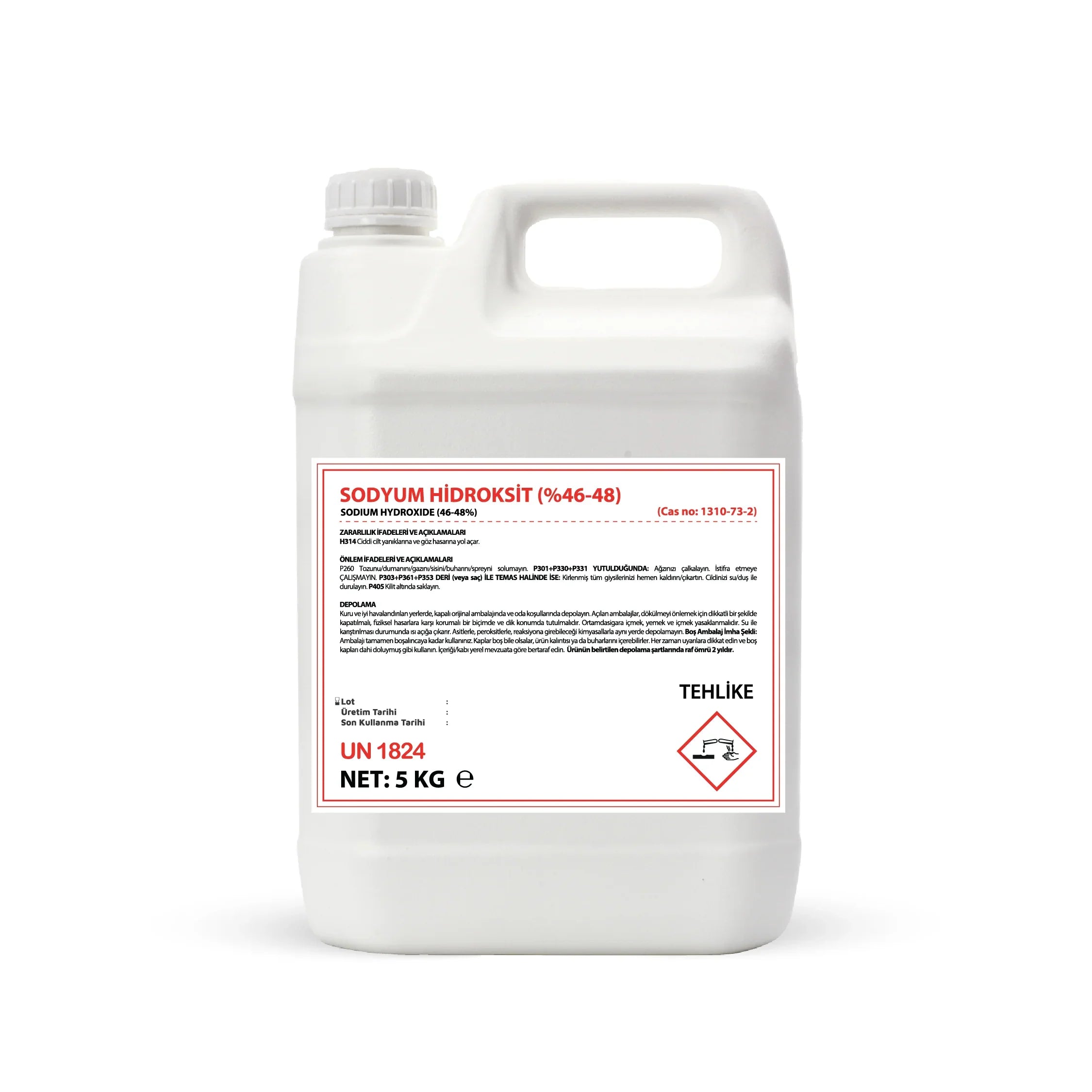 5kg white plastic container of sodium hydroxide 46-48% with hazard warning label