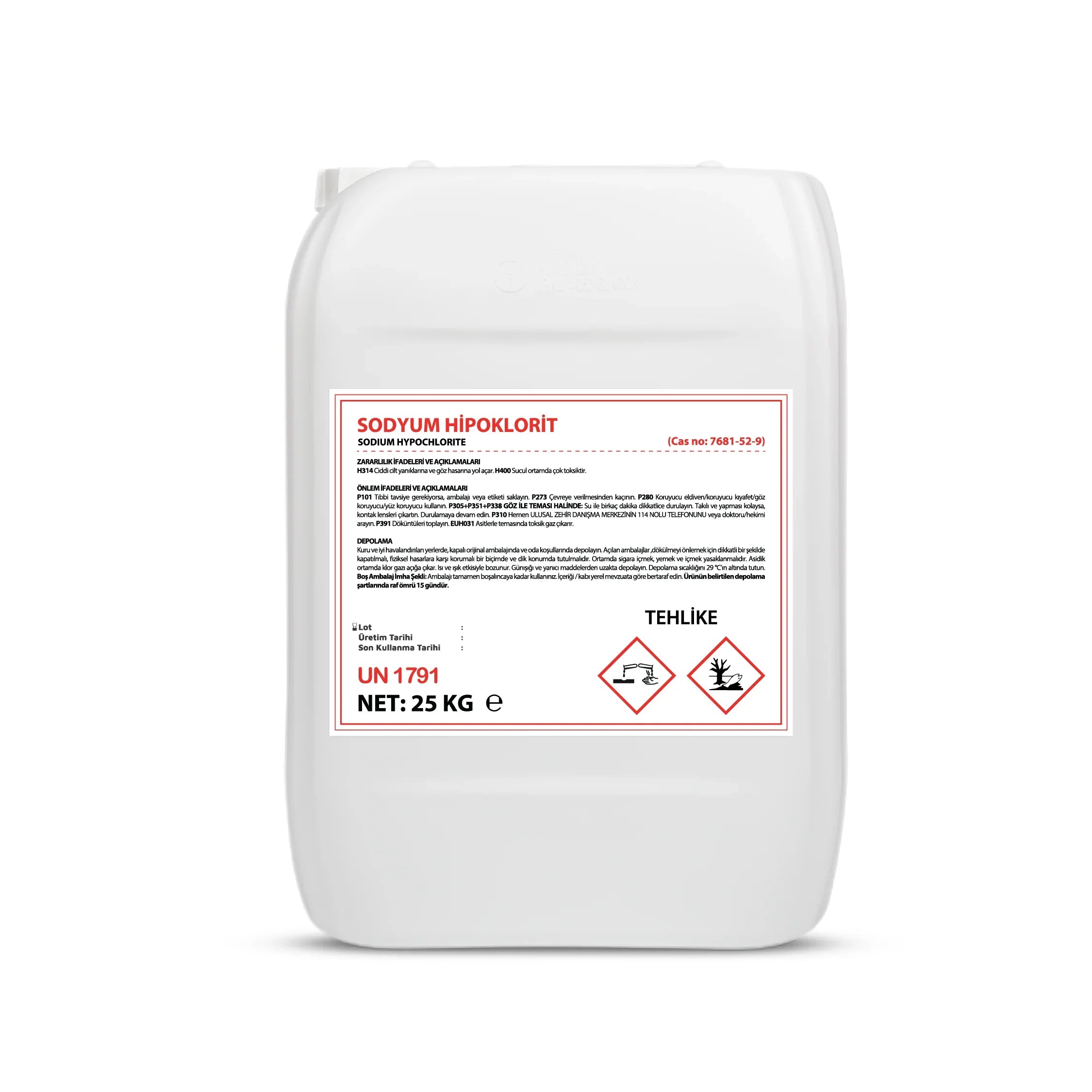 25 kg beyaz plastik bidon içinde Sodyum Hipoklorit sıvı temizlik ve dezenfektan ürünü