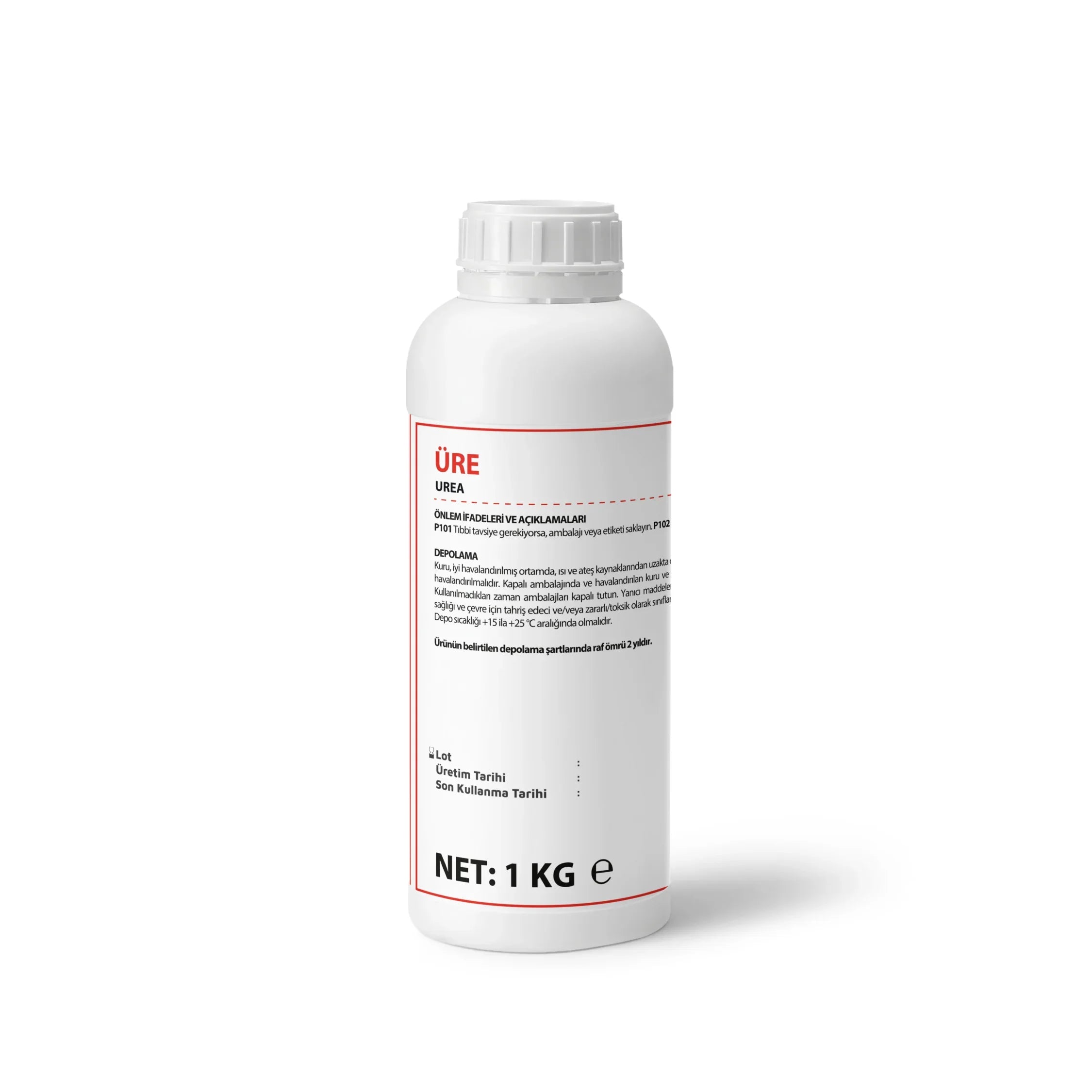 White 1kg bottle of urea chemical with Turkish label and red border on white background