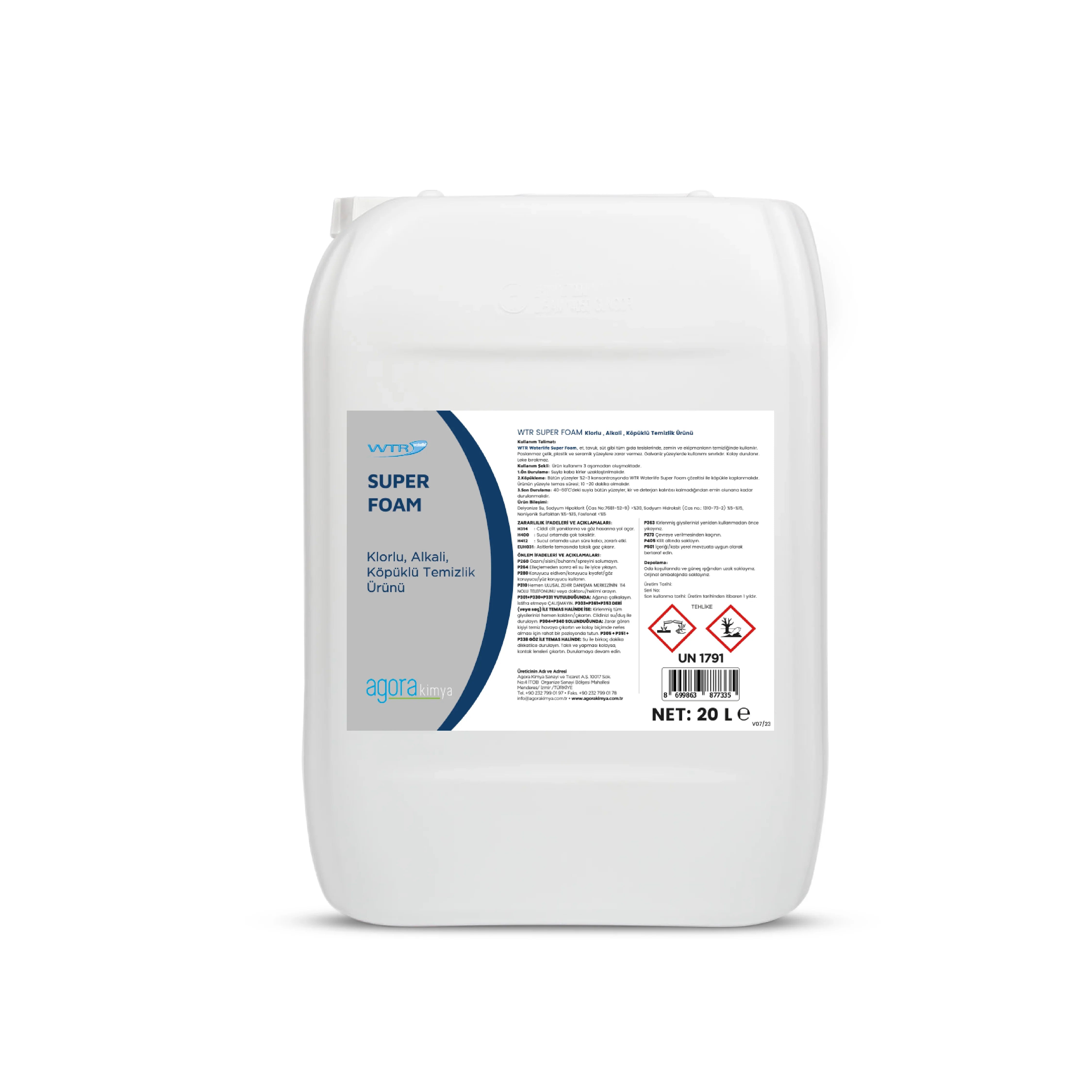 20-liter white container of WTR Super Foam chlorine alkali foaming cleaner with detailed label