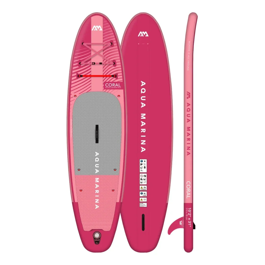 Aqua Marina Coral Raspberry inflatable stand up paddle board 310 cm in pink and grey with carrying handle and bungee cords