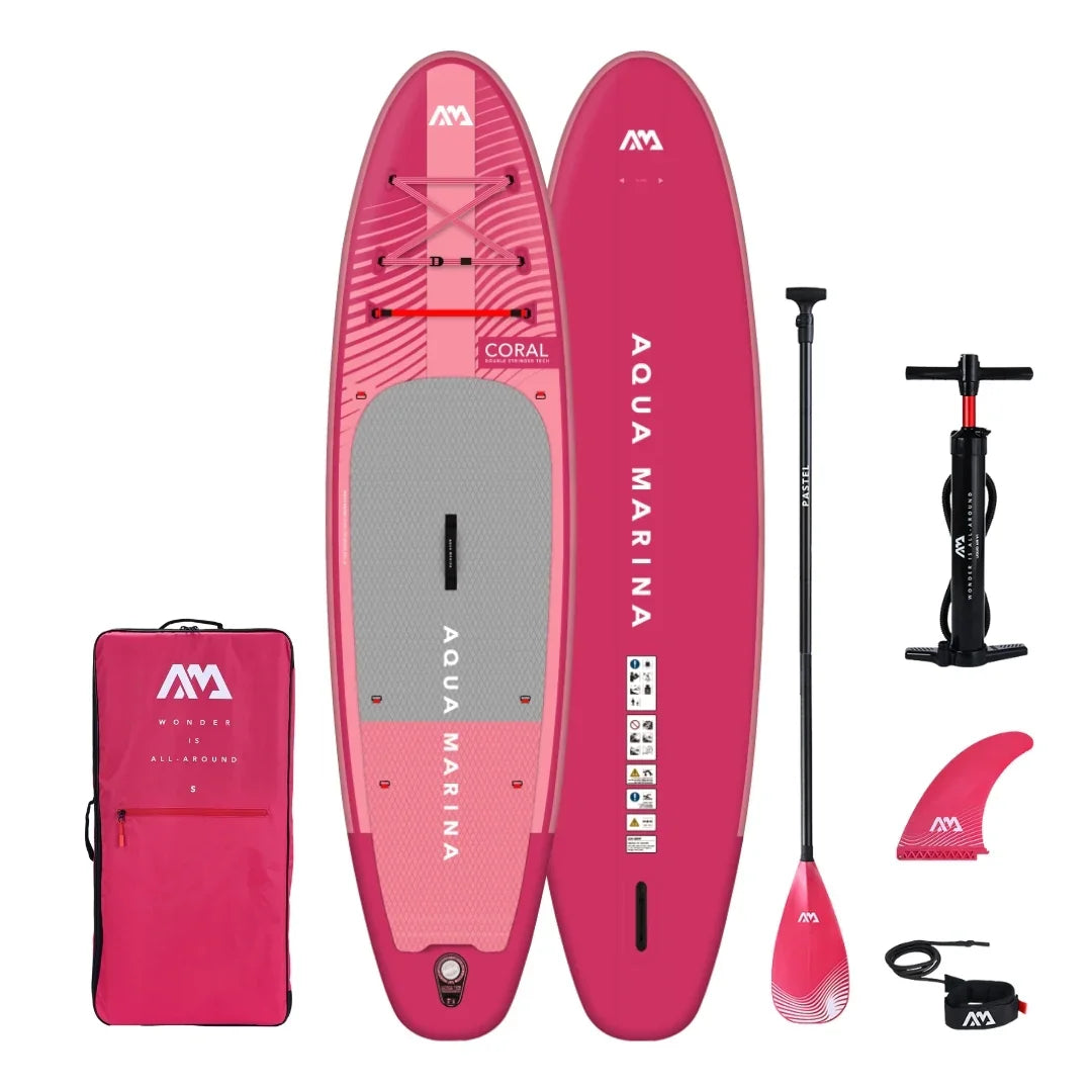 Aqua Marina Coral raspberry red inflatable stand up paddleboard set with paddle, pump, fin, leash, and carrying bag