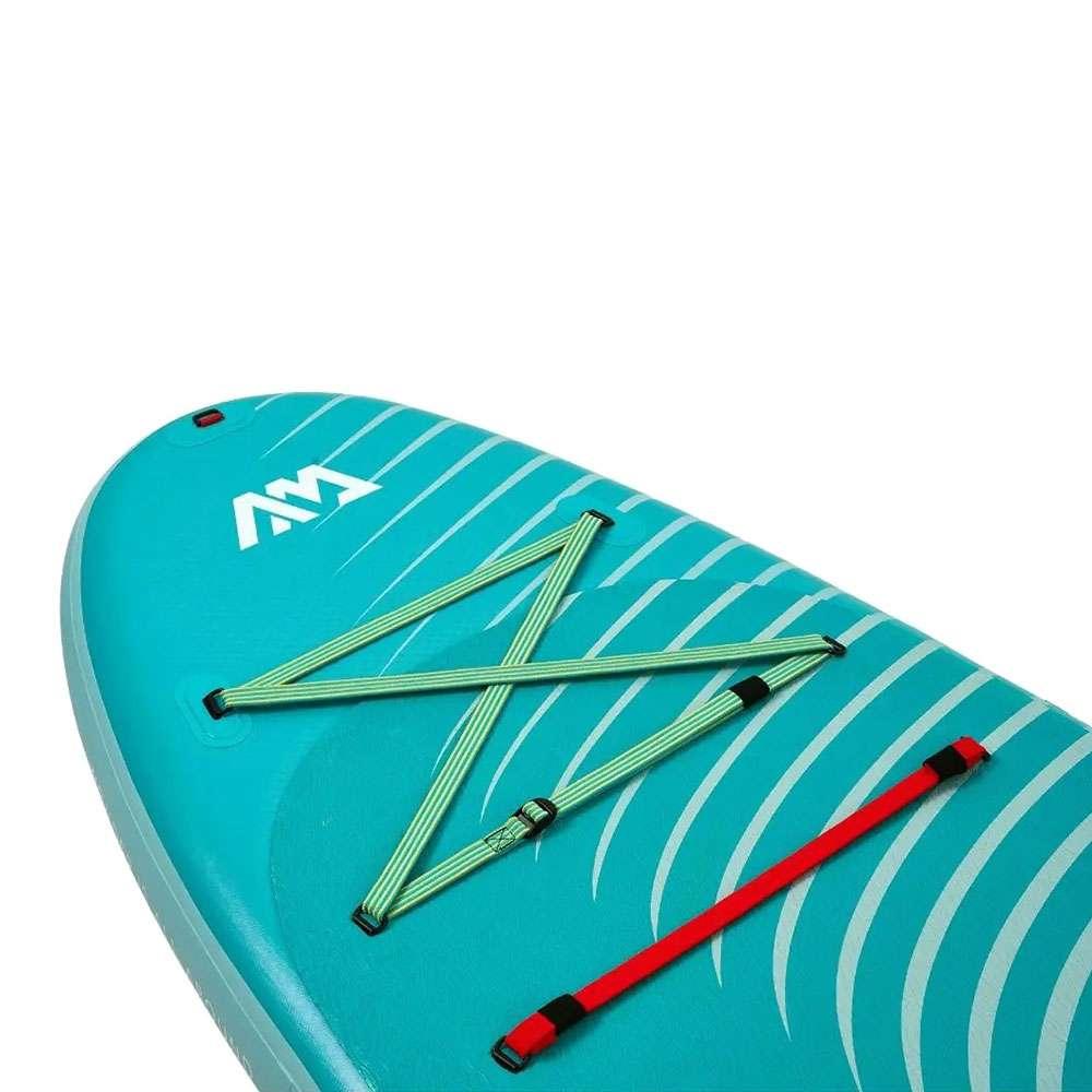 Top view of aqua blue inflatable Aqua Marina Dhyana paddle board with striped pattern and bungee cords