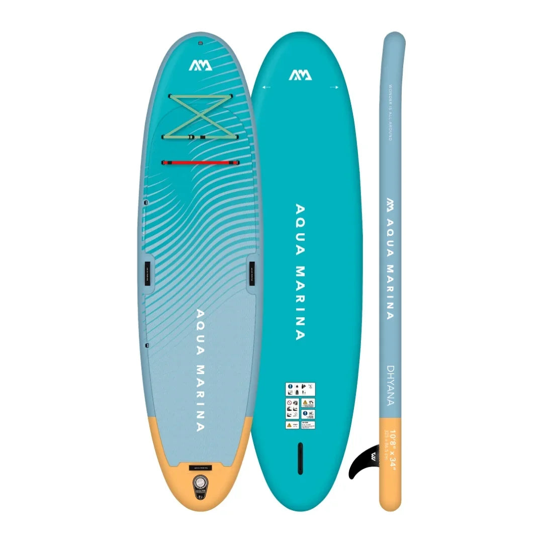 Aqua Marina Dhyana 10'8" inflatable stand-up paddleboard in teal and orange, shown from top, bottom, and side views