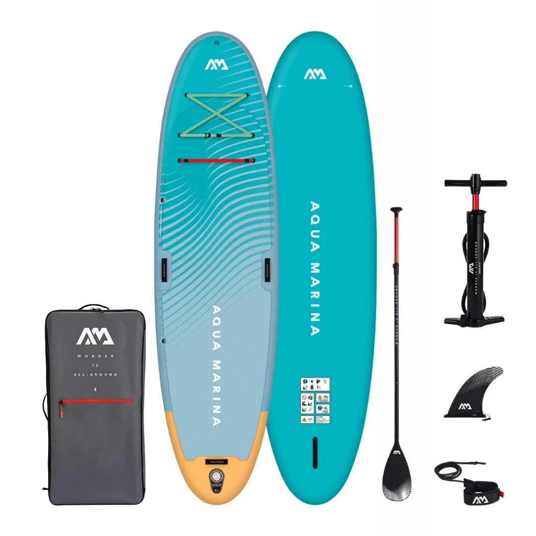 Aqua Marina Dhyana inflatable stand up paddleboard with paddle, hand pump, fin, leash, and carry bag