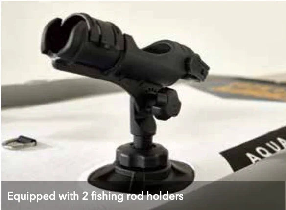 Close-up of black fishing rod holder mounted on white Aqua Marina Drift inflatable stand-up paddle board