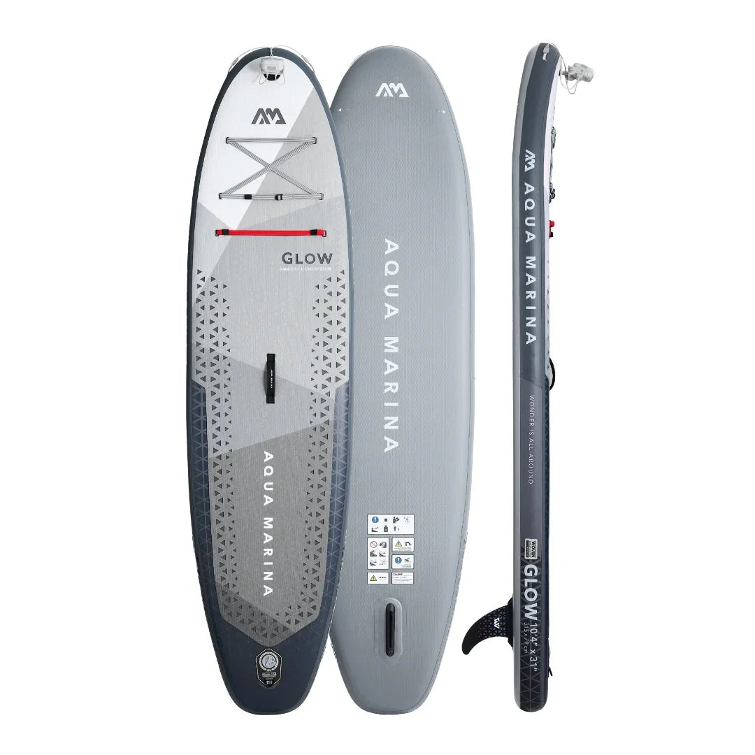 Aqua Marina Glow inflatable stand-up paddleboard in gray, shown from top, bottom, and side views