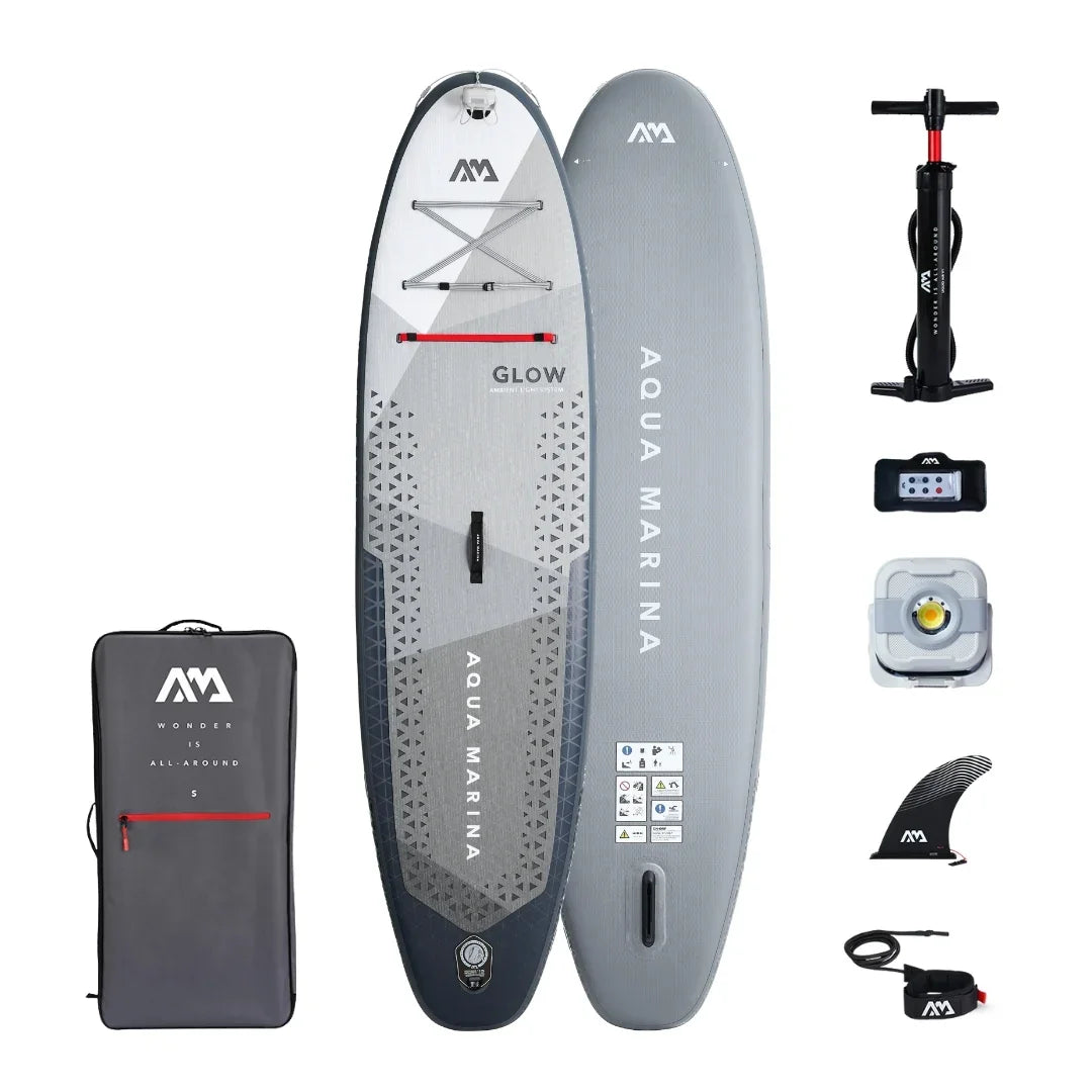 Aqua Marina Glow inflatable stand-up paddleboard set with pump, fin, leash, remote, light, and carrying bag