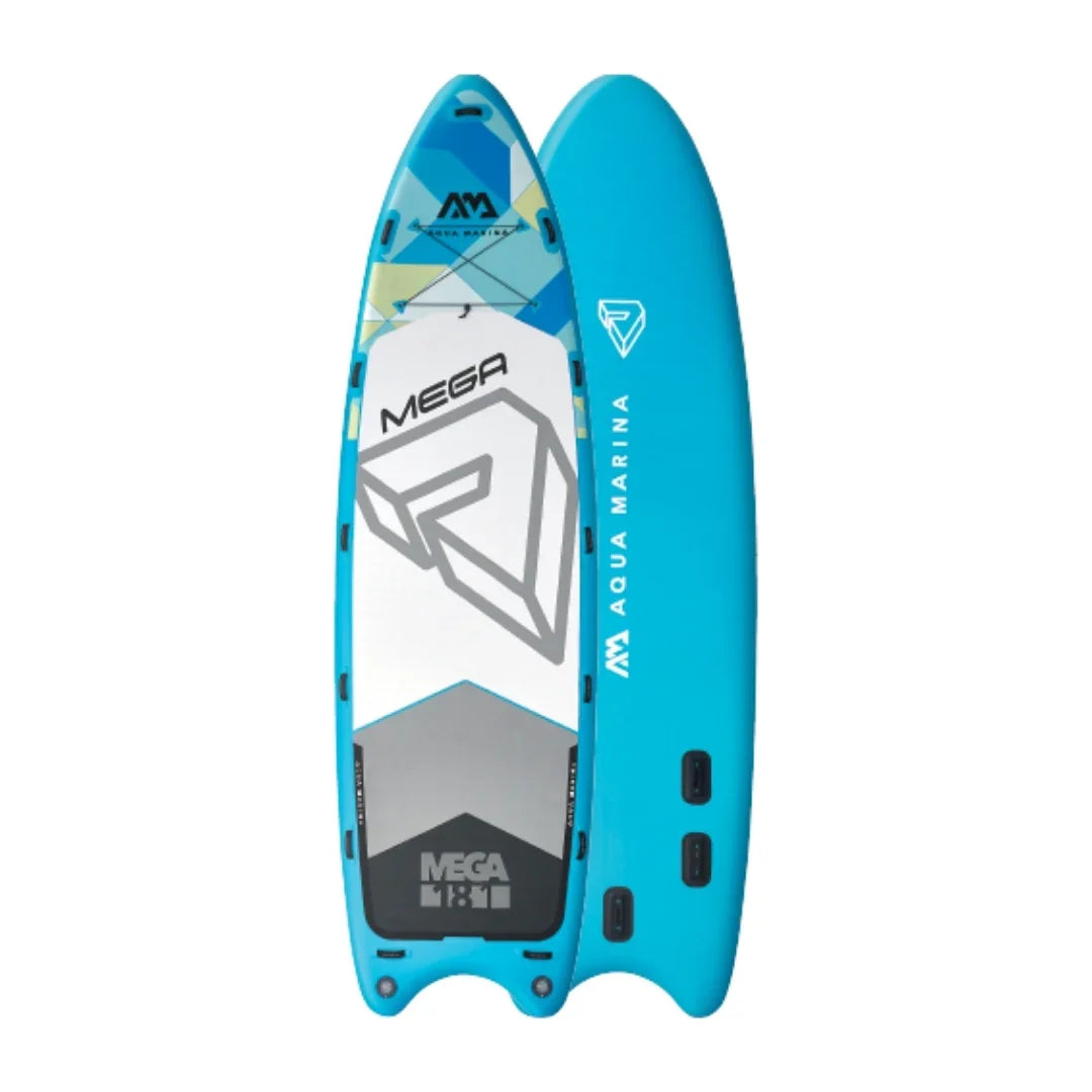 Aqua Marina Mega inflatable stand up paddle board with blue and white design, 550cm length