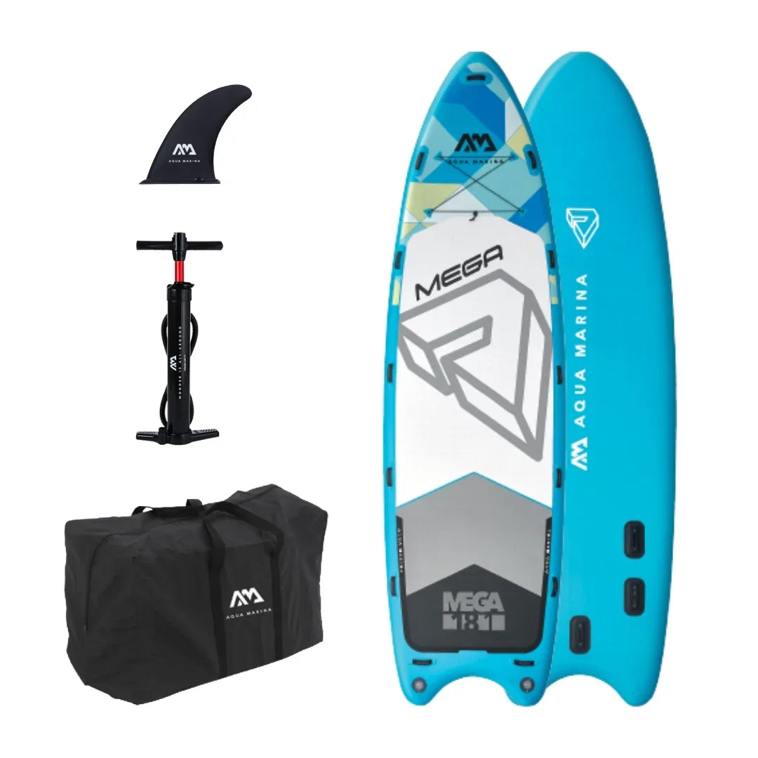 Aqua Marina Mega inflatable stand up paddle board with fin, pump, and carrying bag in blue and white