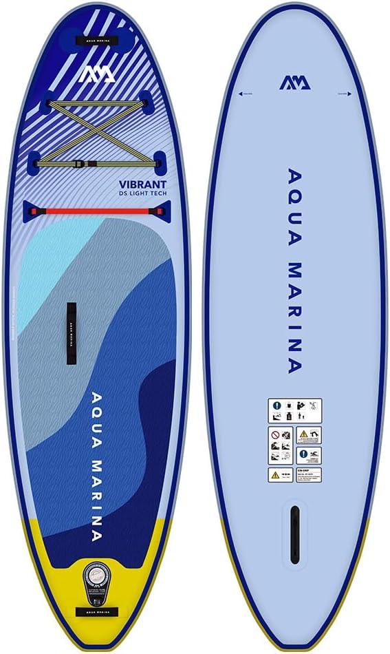 Aqua Marina Vibrant 244 cm mavi ve sarı şişme paddleboard, ön yüzünde kayışlar ve kayma önleyici yüzey