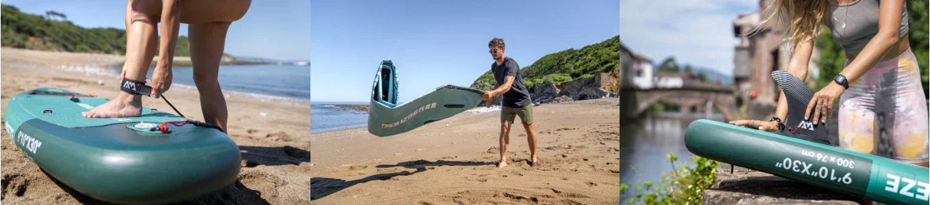 Kadın ve erkek sahilde yeşil Aquamarine Breeze şişme SUP sörf tahtası kullanıyor
