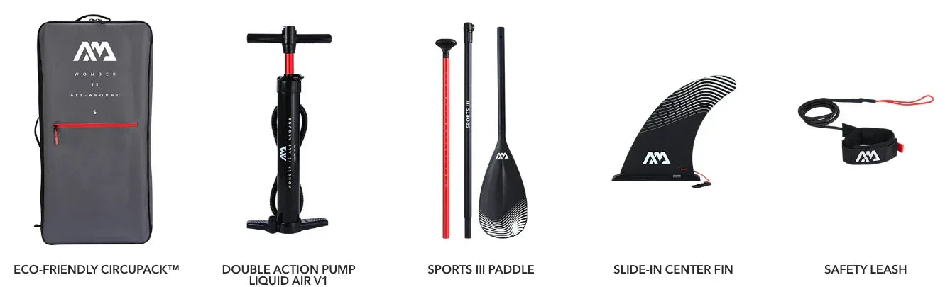 Sürdürülebilir Circupack çanta, çift etkili hava pompası, Sports III kürek, kaydırmalı orta yüzgeç ve güvenlik tasmadan oluşan SUP seti
