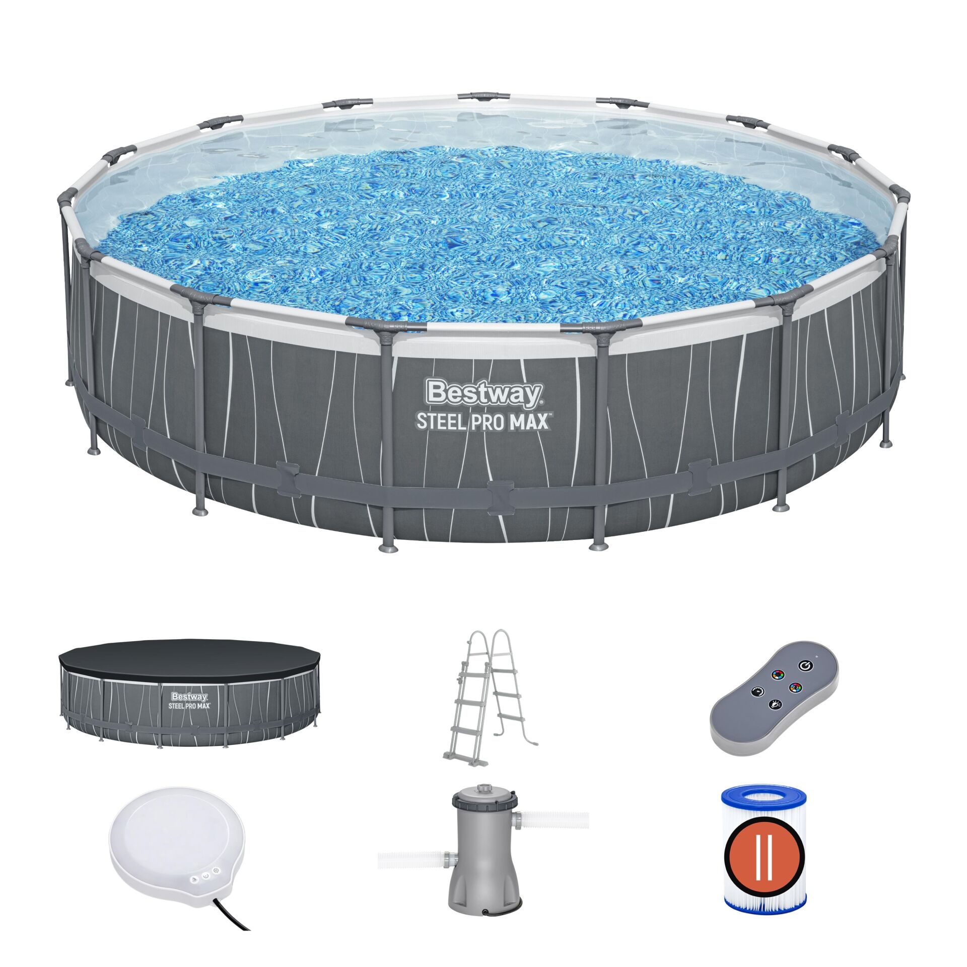 Bestway® 561GD Steel Pro MAX™ LED Işıklandırmalı Prefabrik Yer Üstü Çember Havuz Seti 4,57 m x 1,07 m