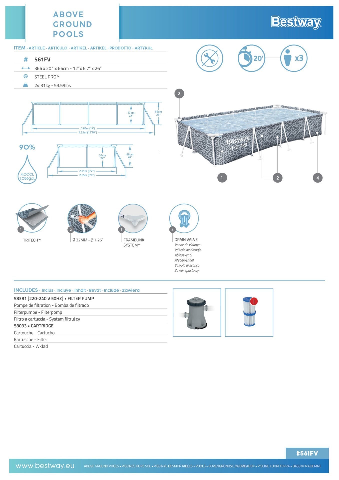 Steel Pro® 12' x 6'7'' x 26''/3.66m x 2.01m x 66cm Pool Set