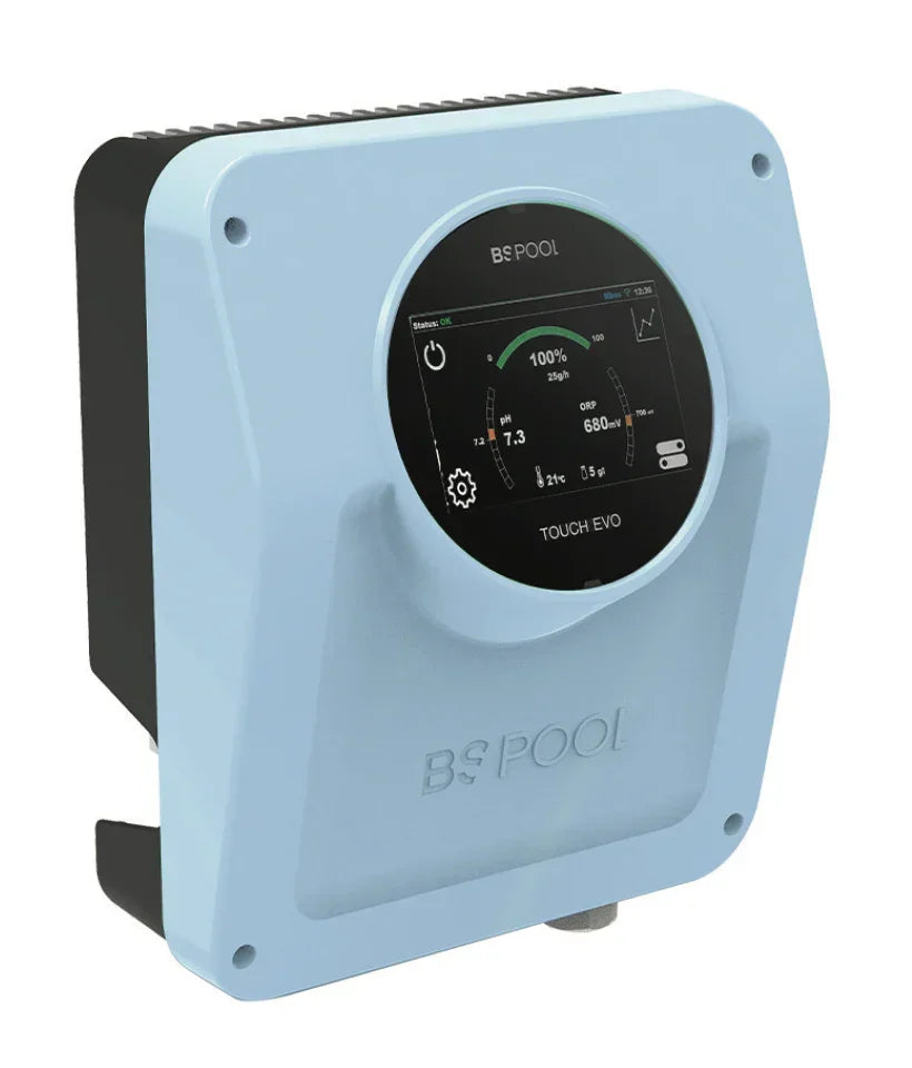 BS Pool Touch EVO salt chlorine generator for pool water with digital display showing pH and ORP levels