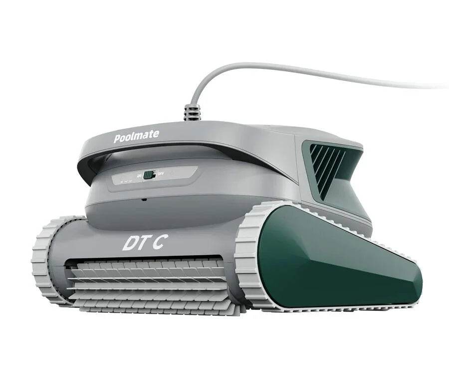 Poolmate marka gri ve yeşil renkli DTC model havuz temizleme robotu ön görünüm