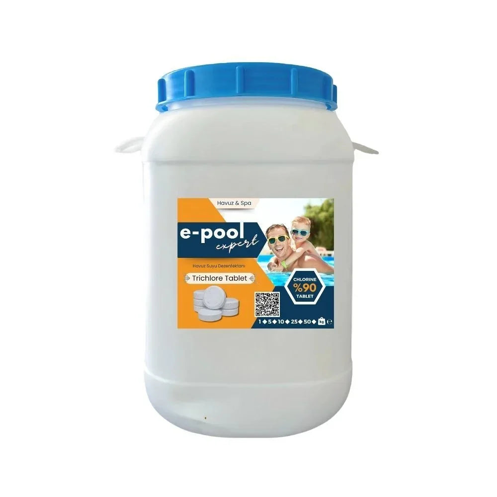 50 kg e-pool expert trichlore tablet havuz suyu dezenfektanı, yüzde 90 klorin içerikli beyaz bidon