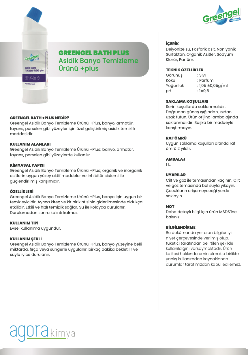 Greengel Bath Plus -Asidik Banyo Temizleme Ürünü 1L