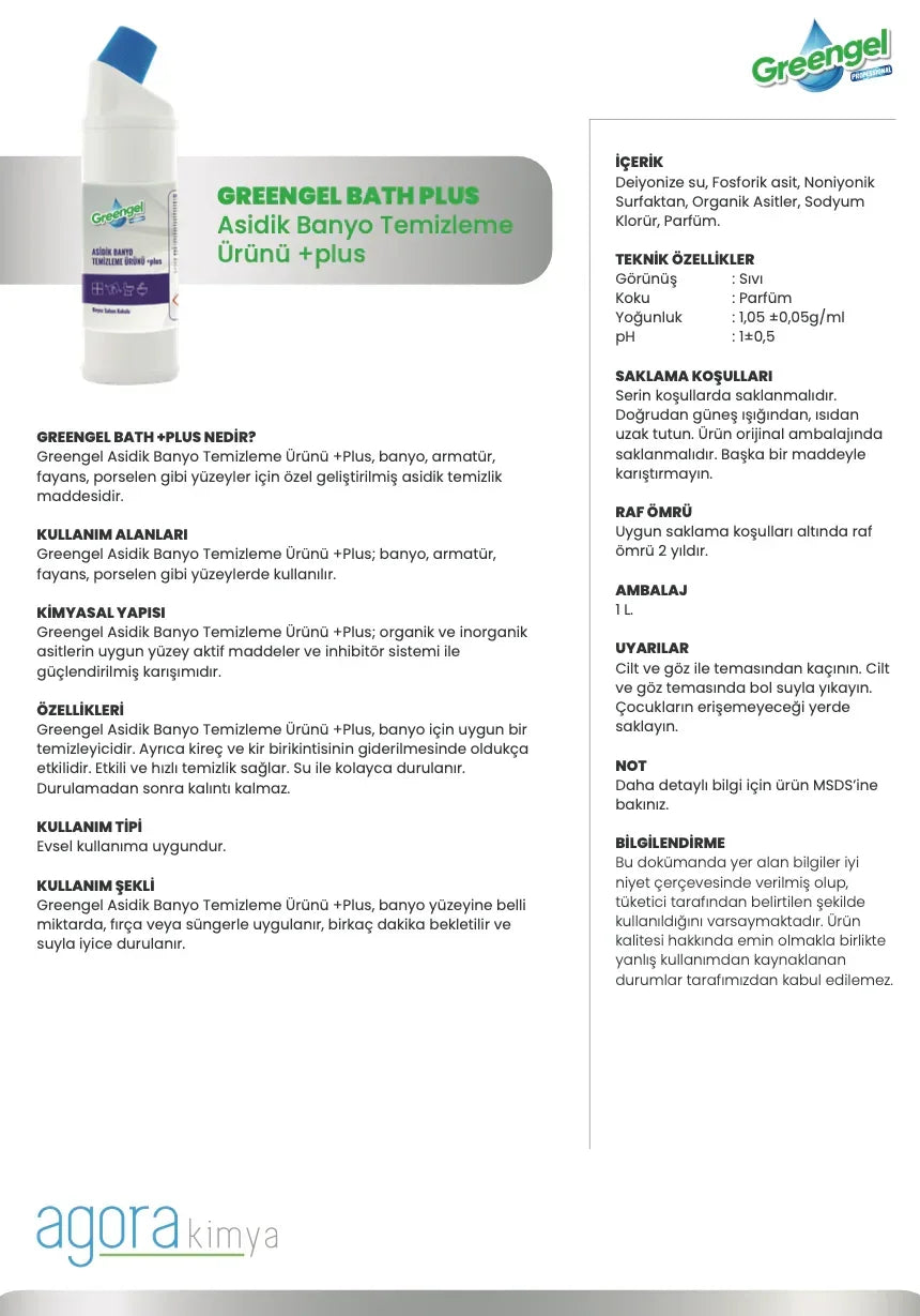 Greengel Bath Plus asidik banyo temizleyici şişesi ve ürün özellikleri, kimyasal yapısı ve kullanım talimatları