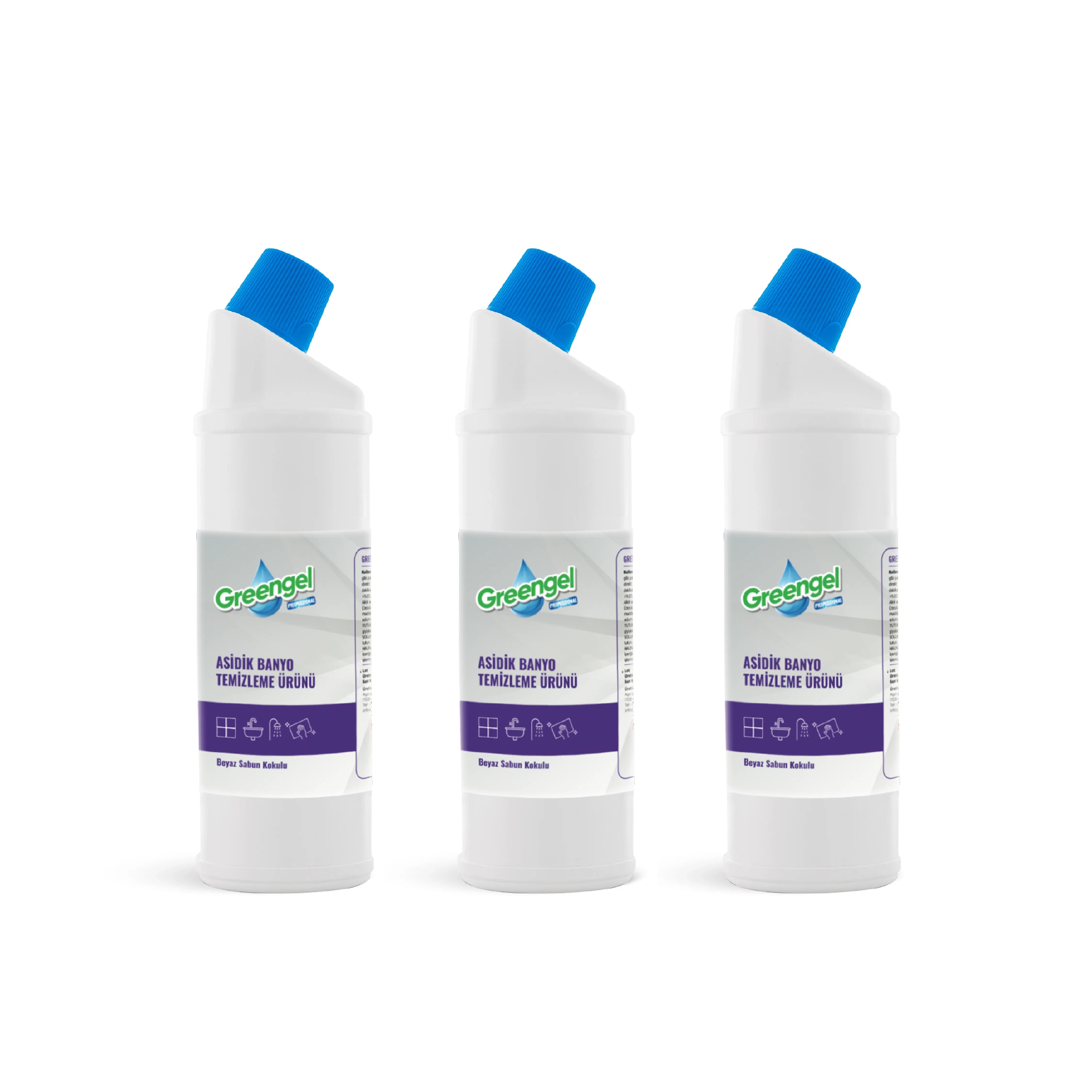 Greengel asidik banyo temizleyici ürünü üçlü set, beyaz sabun kokulu, mavi kapaklı duş ve lavabo ikonu