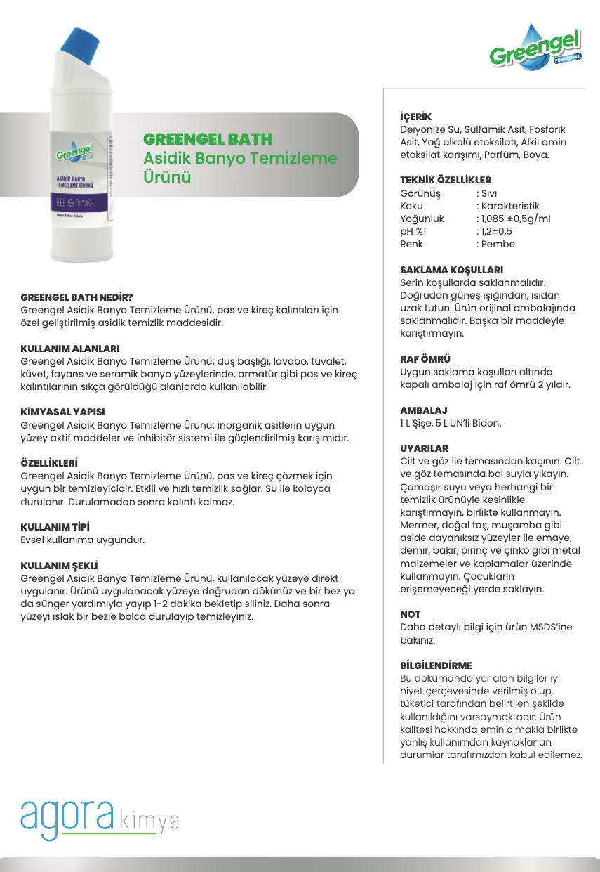 Greengel Bath -Asidik Banyo Temizleyeci 5L
