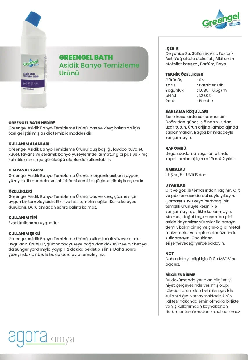 Greengel Bath Asidik Banyo Temizleme Ürünü, pas ve kireç sökücü, 1 litrelik beyaz şişe ve detaylı kullanım talimatları