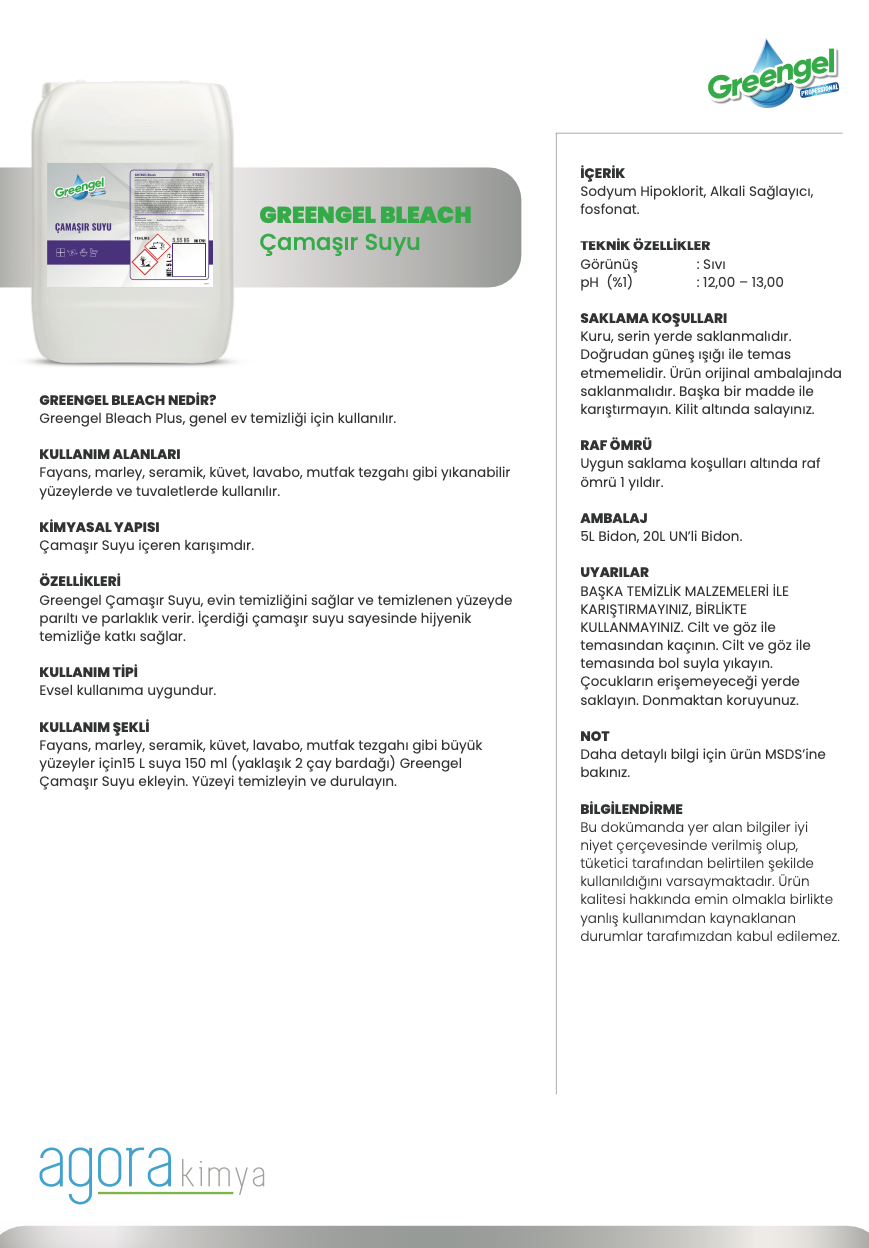Greengel Bleach- Çamaşır Suyu 20 L