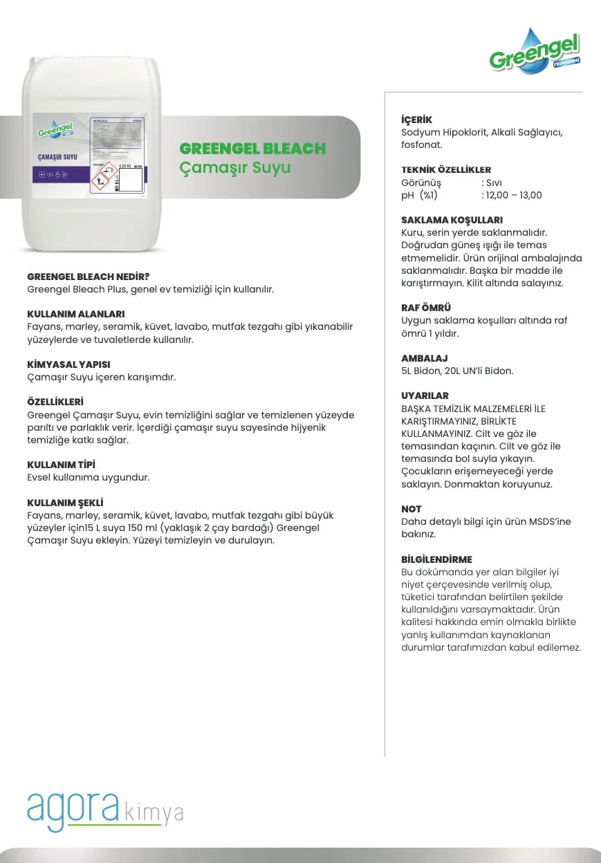 Greengel Bleach Çamaşır Suyu liquid cleaner container with product info and usage details in Turkish