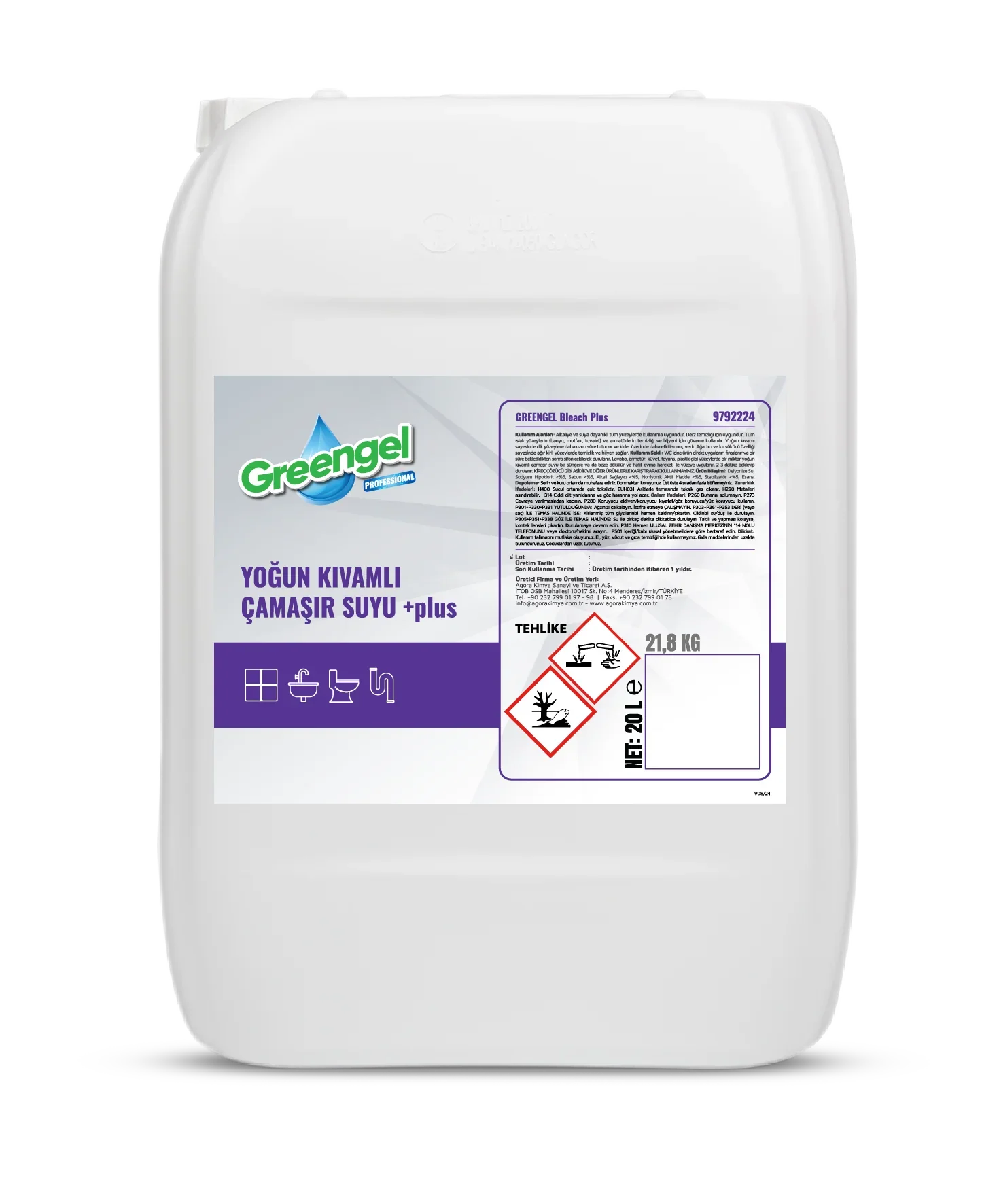 20-liter white container of Greengel Bleach Plus dense liquid laundry bleach with hazard symbols