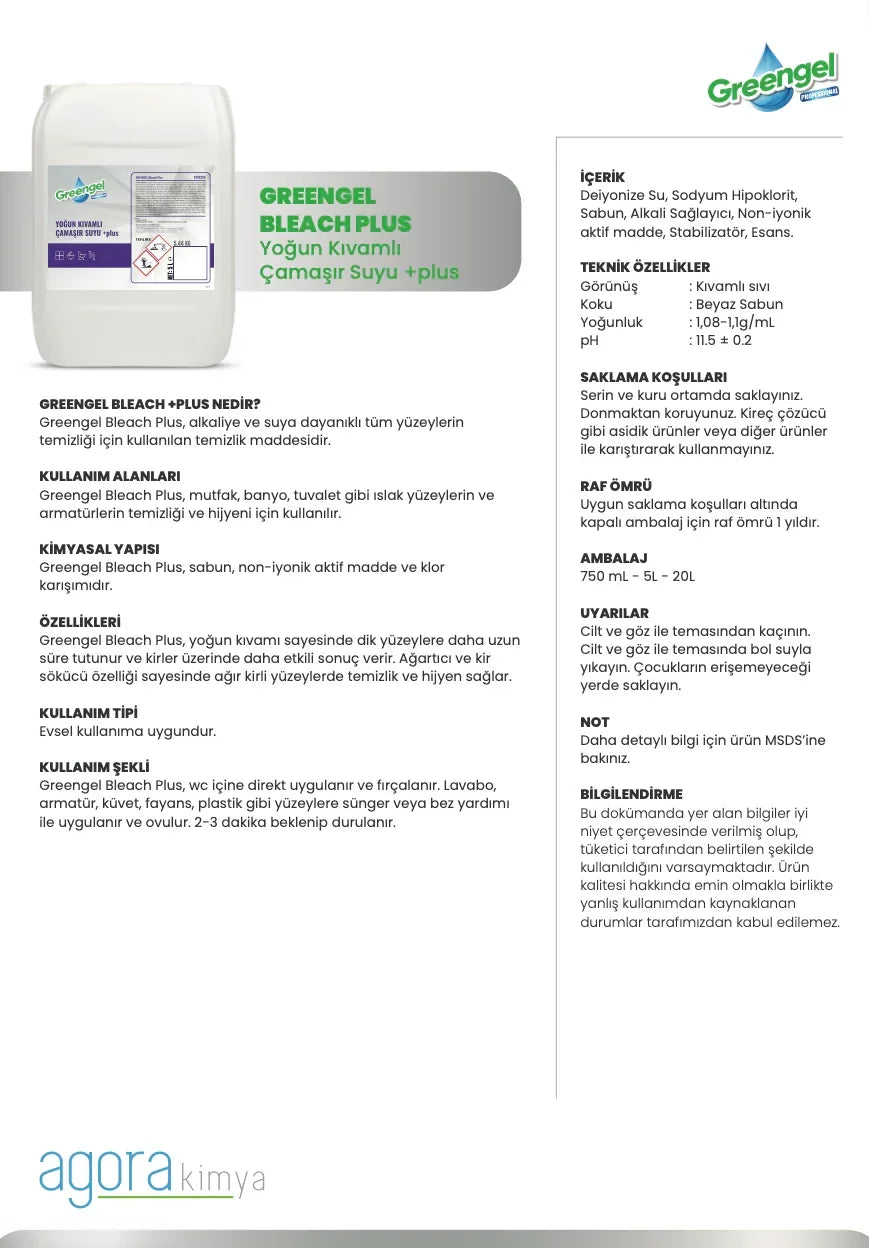 Greengel Bleach Plus dense liquid laundry bleach container with product info in Turkish