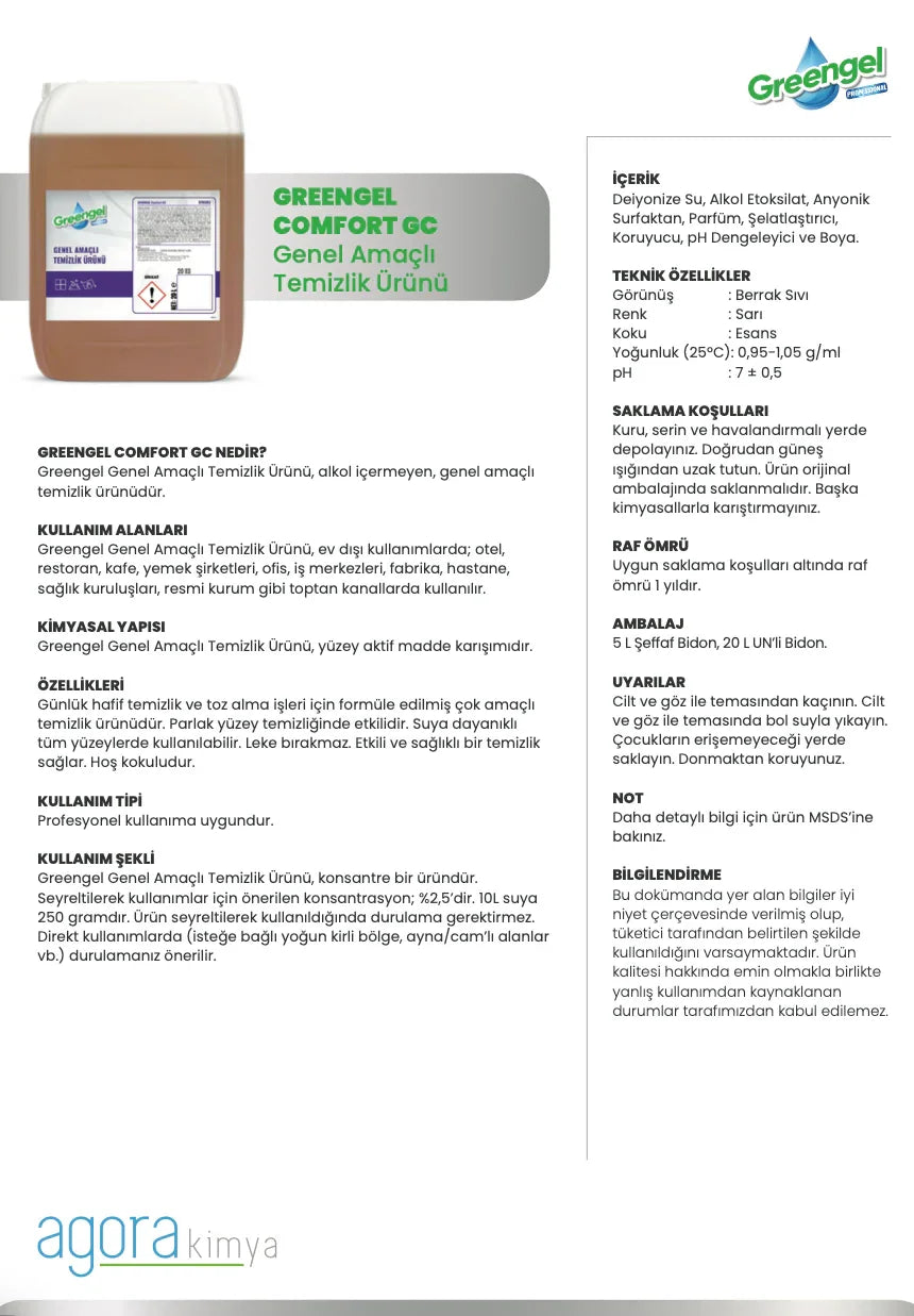 Greengel Comfort GC genel amaçlı temizleyici ürünü 5 litrelik şeffaf bidonda sarı sıvı