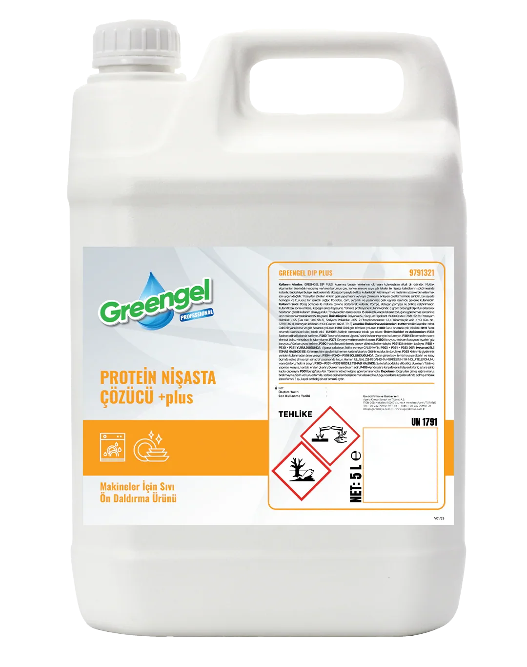 Greengel Protein Nişasta Çözücü plus 5L white plastic container for machine liquid pre-soak detergent