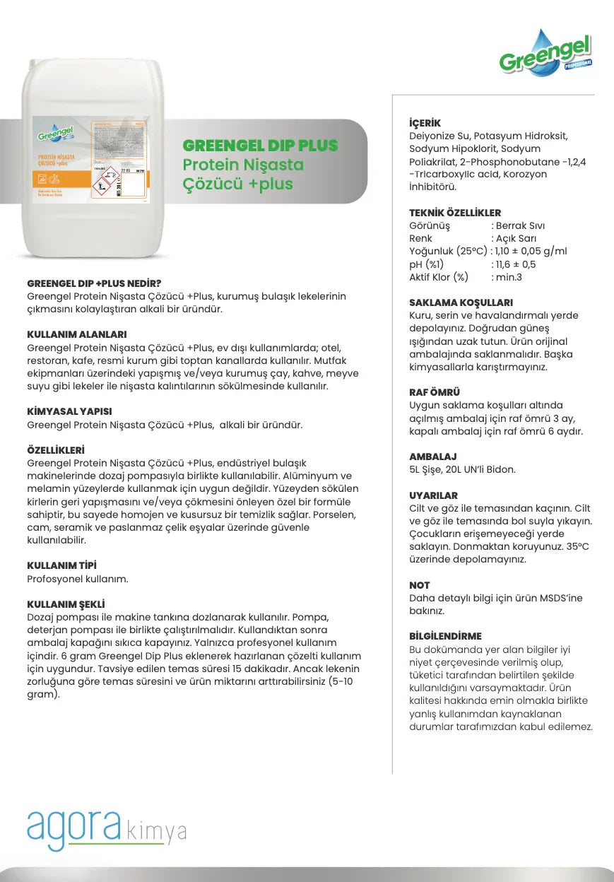 Greengel Dip Plus protein starch dissolver container with detailed product description in Turkish