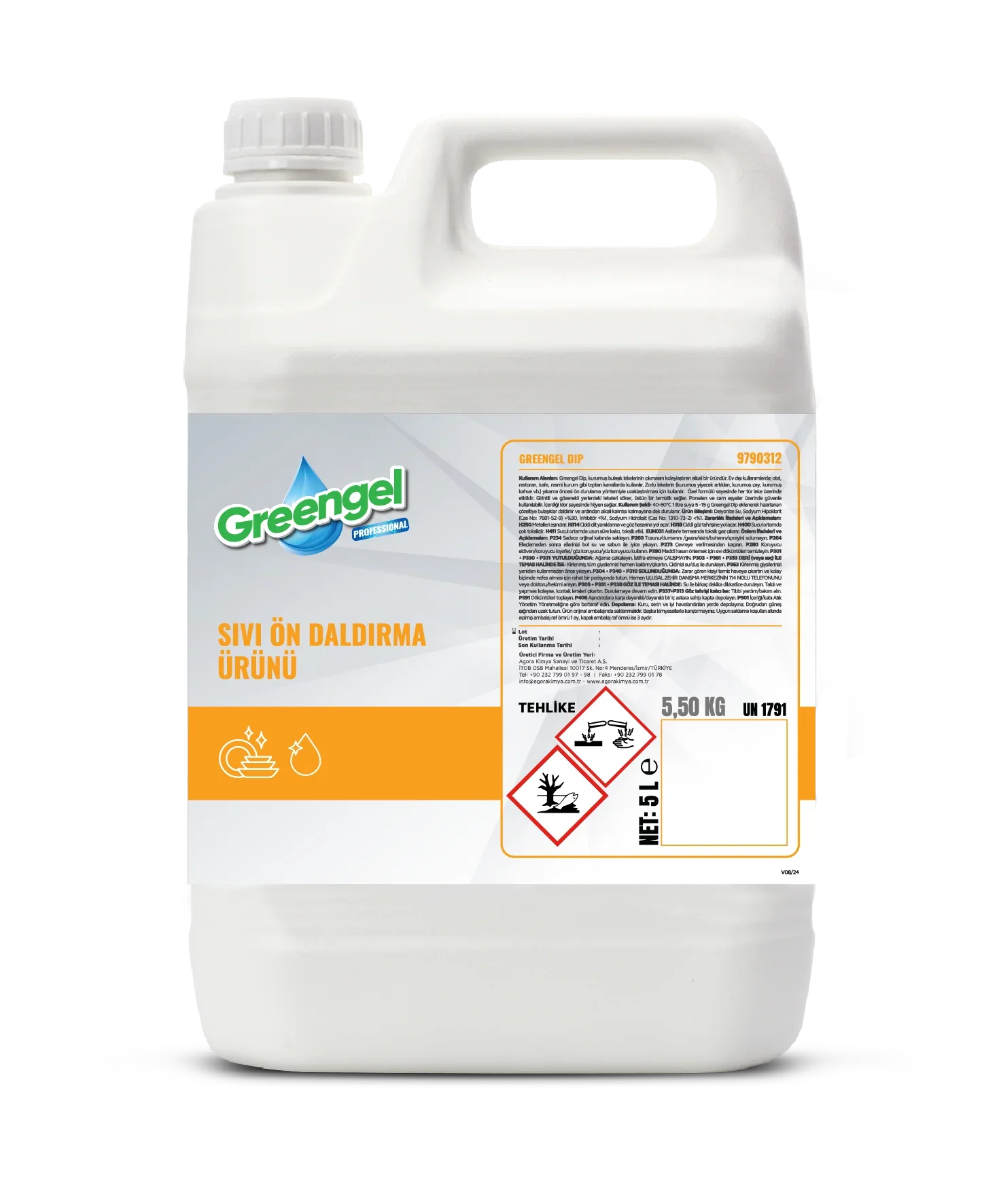 White 5L container of Greengel professional liquid pre-dip product with safety hazard labels