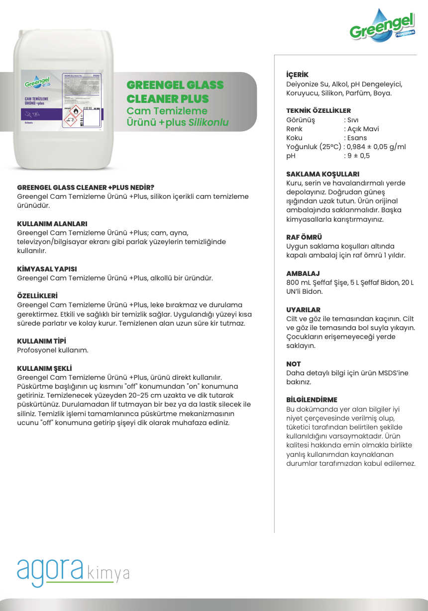 Greengel Glass Cleaner Plus-Cam Temizleme Ürünü 5L - Silikonlu