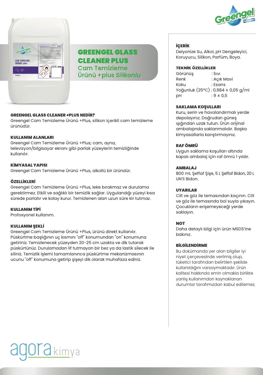 Greengel silikonlu cam temizleme ürünü 20L bidon, detaylı ürün bilgisi ve kullanım talimatları