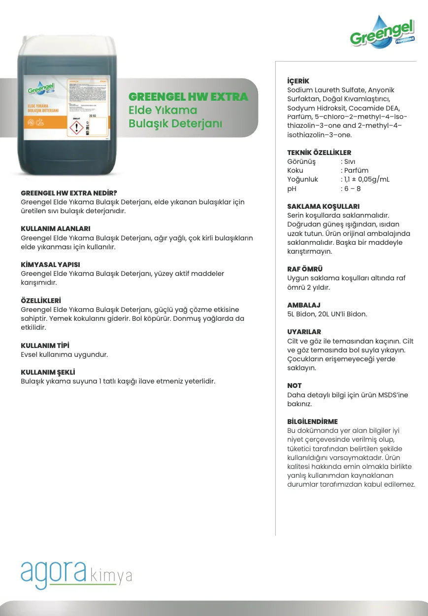 Greengel HW Extra 20L hand wash dish detergent container with product details and usage instructions in Turkish