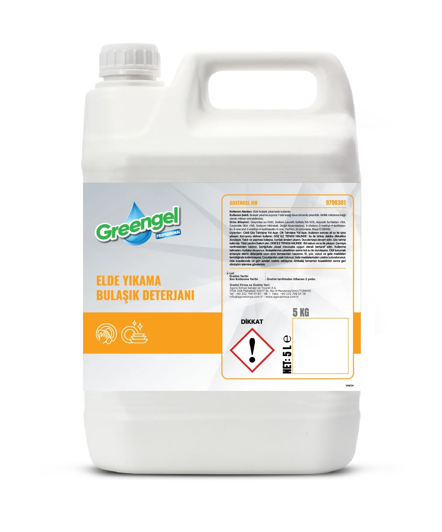 5-liter Greengel professional hand dishwashing detergent container with clear label