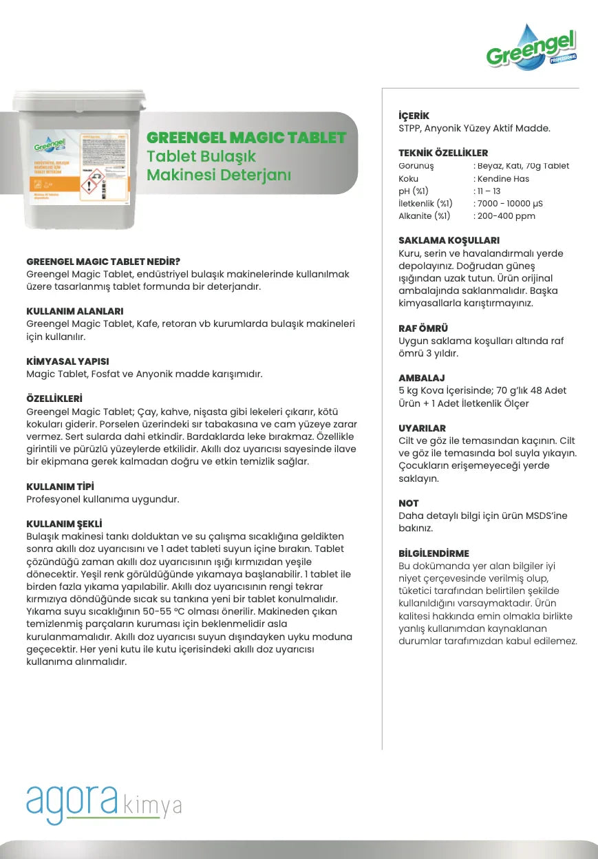 Greengel Magic Tablet industrial dishwasher detergent in a white container with Turkish text