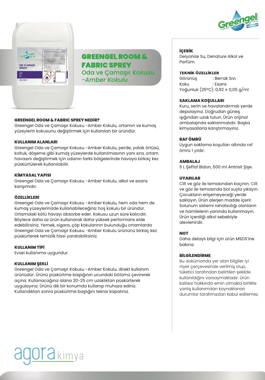 Greengel Amber Scent Room and Fabric Spray 5L container with detailed usage and safety instructions in Turkish