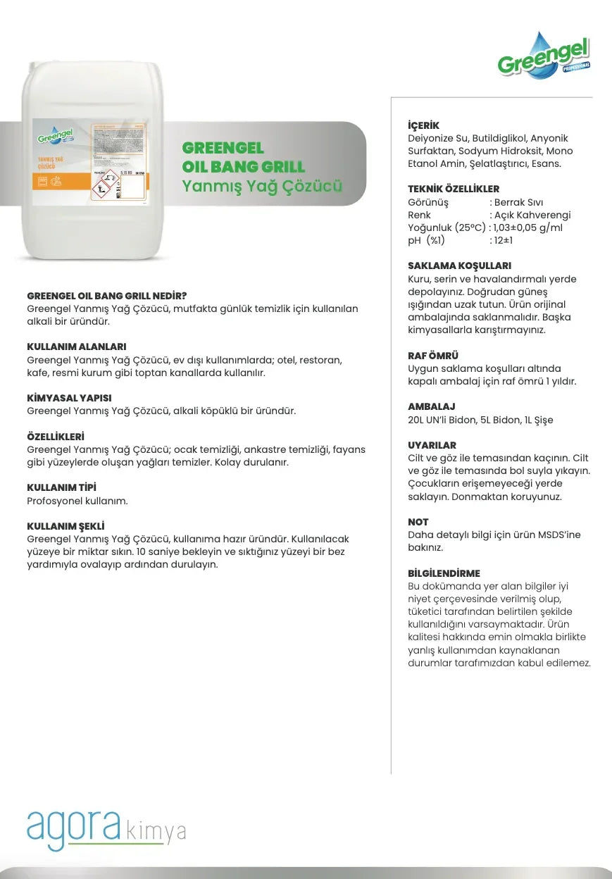 Greengel Oil Bang Grill yanmış yağ çözücü temizleyici detaylı ürün bilgisi ve kullanım talimatları