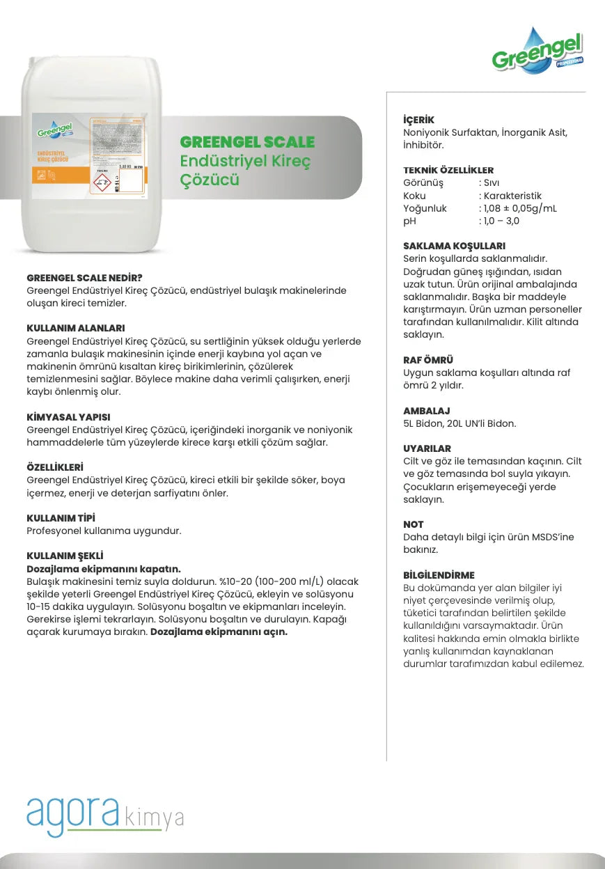 Greengel Scale industrial limescale remover in a 5L white container with product details and usage instructions