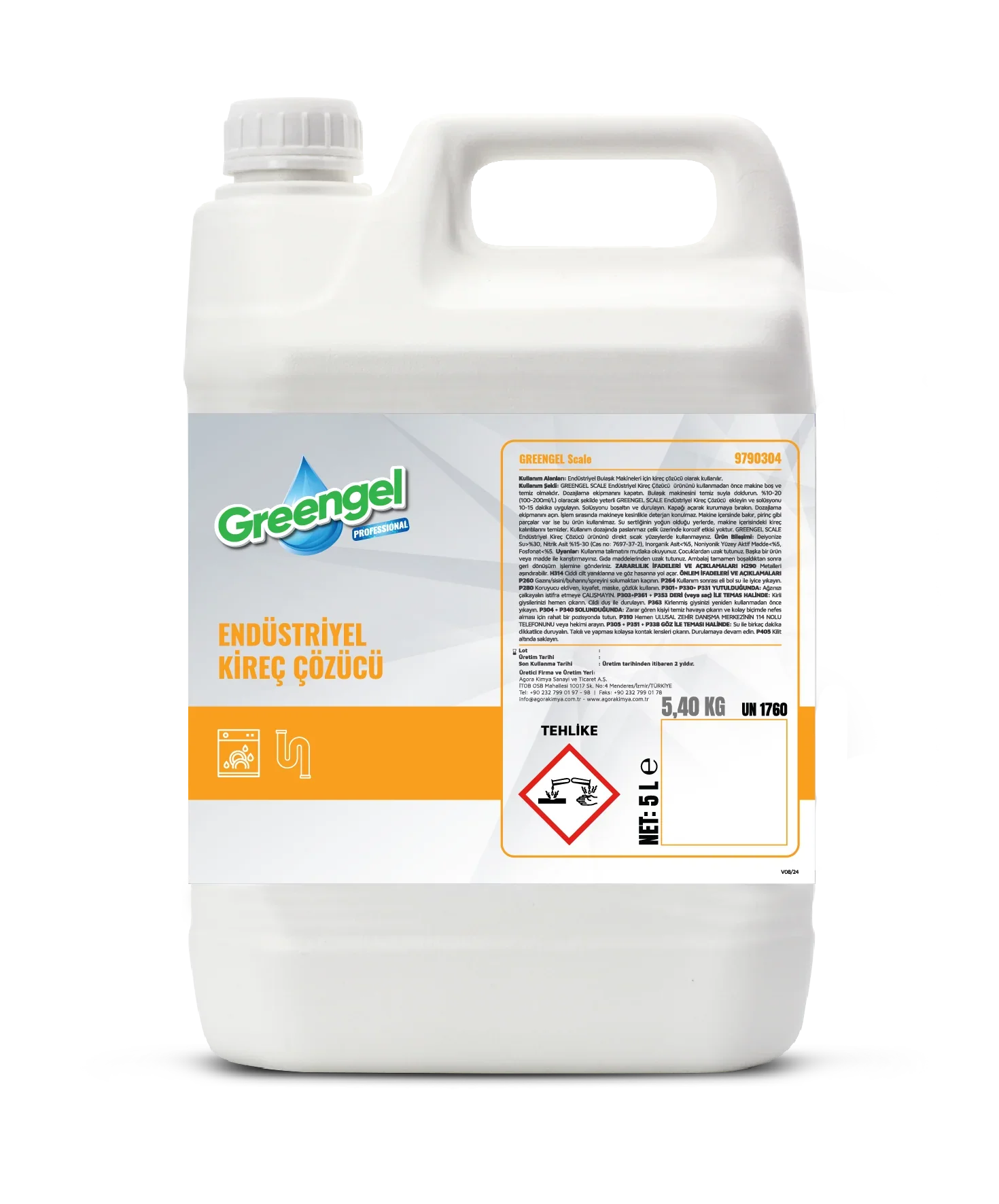 5L white container of Greengel industrial lime remover with warning labels and orange accents
