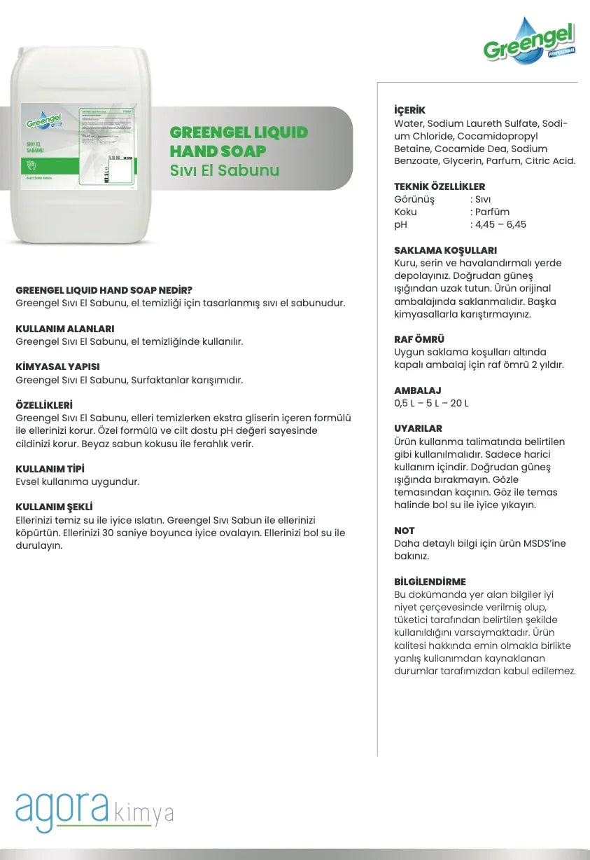 Large container of Greengel liquid hand soap with detailed product information in Turkish