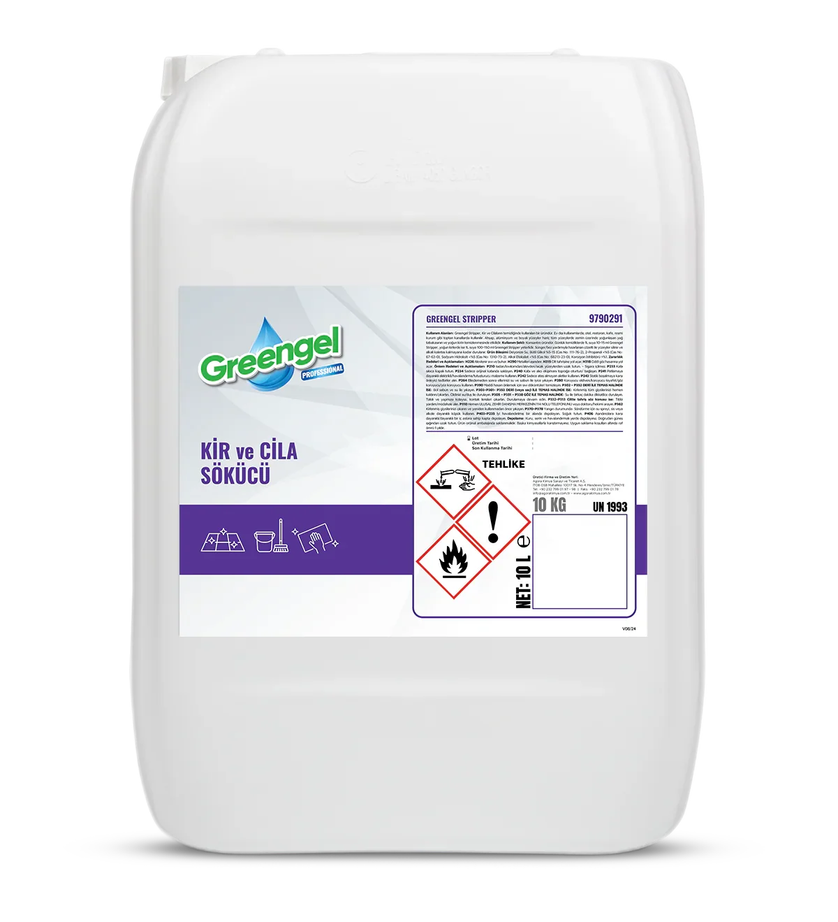 Greengel Professional 10L container of dirt and polish remover cleaning chemical with hazard symbols
