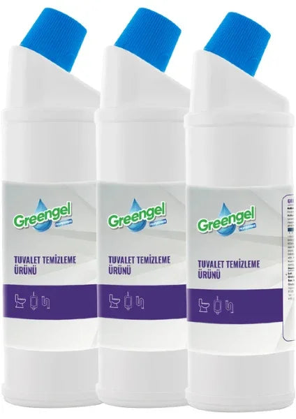 Three white bottles of Greengel toilet cleaner with blue caps and purple label